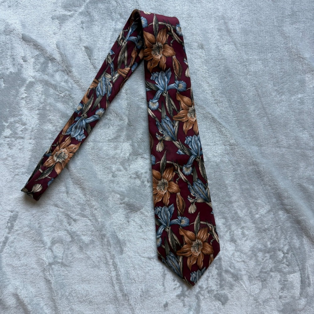 Andre Gianni Necktie Men OS Burgundy Floral Designer Silks Botanical Print Silk